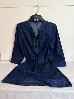 J Jill Lace Up Stretch Distressed Hem Dark Denim w/Side Pockets Dress Size S